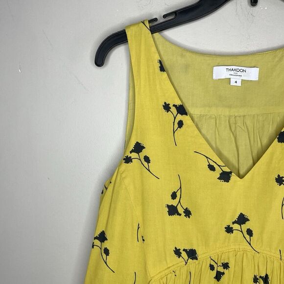 THAKOON Mini Shift Dress Women 4 Yellow Floral Ruffle Sleeveless Cotton V-Neck - Picture 3 of 14